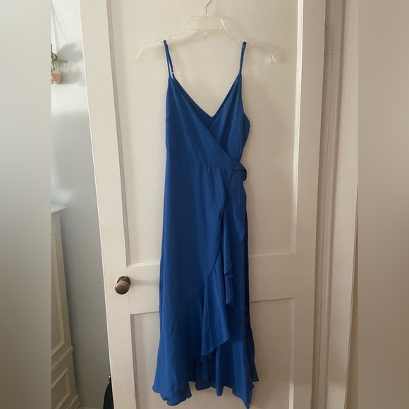 Blue Ruffled Midi Wrap Dress - Picture 2 of 8